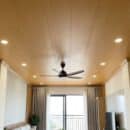 Trần nhựa nano Glotex vân gỗ vàng ấm thi công phòng khách chung cư quạt trần đen đèn downlight âm trần ban công cây xanh Xưởng Gỗ Tony