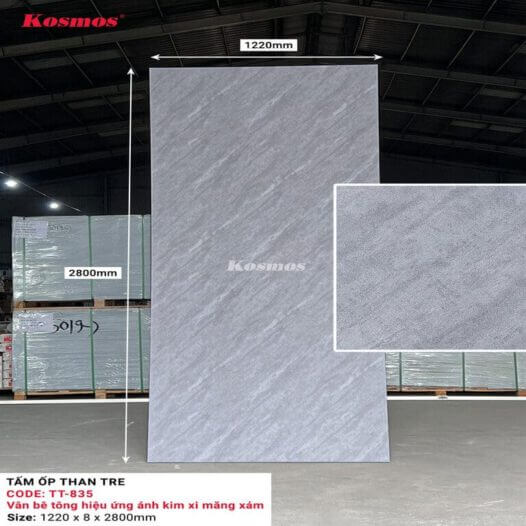 Tấm Ốp Than Tre Kosmos TT-835 - Vân Bê Tông Hiệu Ứng Ánh Kim Xi Măng Xám
