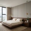 Tấm ốp lam 3 sóng Hobiwood LS3T 10 vân linen trắng kem ốp tường đầu giường phòng ngủ căn hộ cao tầng view thành phố phong cách Japandi sang trọng