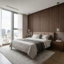 Tấm ốp lam 3 sóng LS3T-04 vân gỗ walnut trang trí tường đầu giường phòng ngủ căn hộ cao tầng