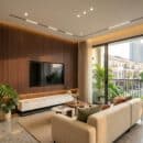 Tấm ốp lam 3 sóng LS3T-04 ốp tường TV phòng khách biệt thự hiện đại view khu đô thị xanh