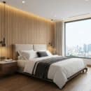 Tấm ốp lam 3 sóng LS3T-05 vân gỗ oak vàng trang trí tường đầu giường phòng ngủ căn hộ cao cấp view thành phố