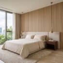 Tấm ốp lam 3 sóng LS3T-06 vân gỗ oak trang trí tường đầu giường phòng ngủ căn hộ cao cấp view thành phố xanh
