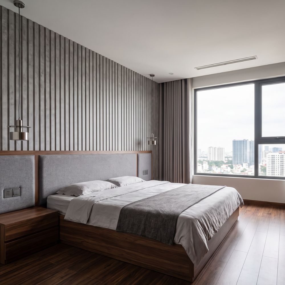Tấm Ốp Lam 3 Sóng Hobiwood LS3T 09 – Vân Bê Tông Xi Măng Xám Tấm ốp lam 3 sóng LS3T-09 vân bê tông xám trang trí tường đầu giường phòng ngủ căn hộ cao tầng view thành phố hiện đại