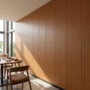 Ốp tường nhựa Nano NA27 vân gỗ oak beige mặt tường lớn nhà hàng quán cafe Tropical Minimalist cửa kính cao sàn bàn ghế gỗ teak ánh sáng tự nhiên TP.HCM