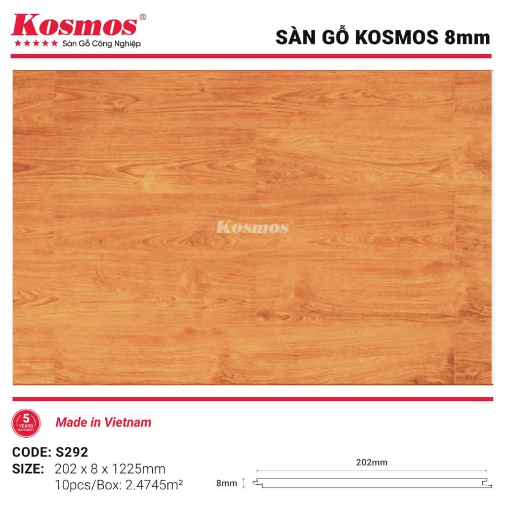 Sàn Gỗ Kosmos S292 dày 8mm – Vân Đỏ Cam Nổi Bật Sàn gỗ Kosmos S292 hoàn thiện tại nhà phố. Thi công bởi Xưởng Gỗ Tony: 0935.338.338