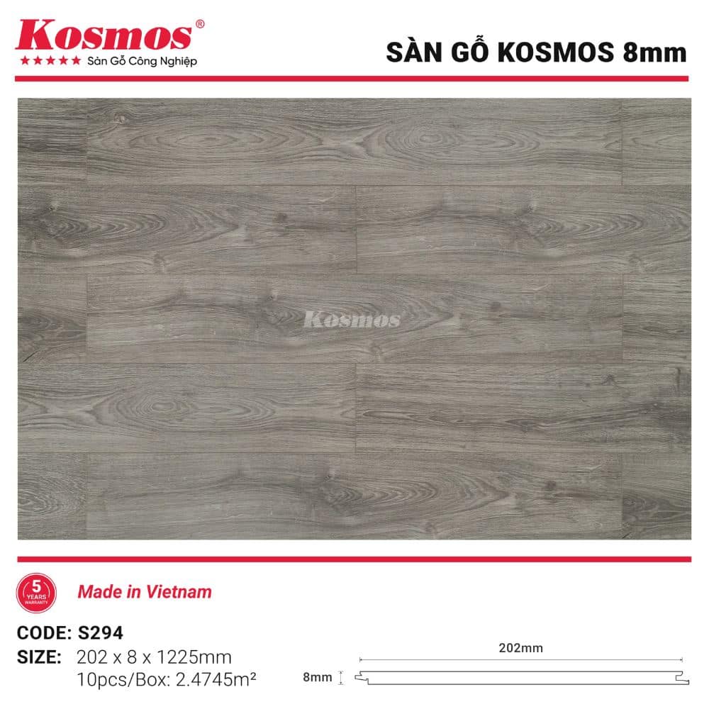 Sàn Gỗ Kosmos S294 dày 8mm – Màu Ghi Xám Hiện Đại Sàn gỗ Kosmos S294 8mm thông số kỹ thuật chi tiết Xưởng Gỗ Tony