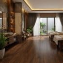 Sàn gỗ Morser MC141 thi công phòng spa wellness zen bàn massage vườn đá nội thất gỗ tối cây xanh đèn LED ấm Xưởng Gỗ Tony