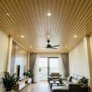Trần lam sóng Glotex vân gỗ vàng tự nhiên phòng khách chung cư quạt trần đen đèn downlight rèm xám ban công Xưởng Gỗ Tony