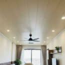 Trần nhựa nano Glotex vân gỗ trắng kem thi công phòng khách chung cư quạt trần đen đèn downlight âm trần rèm kem cây xanh Xưởng Gỗ Tony